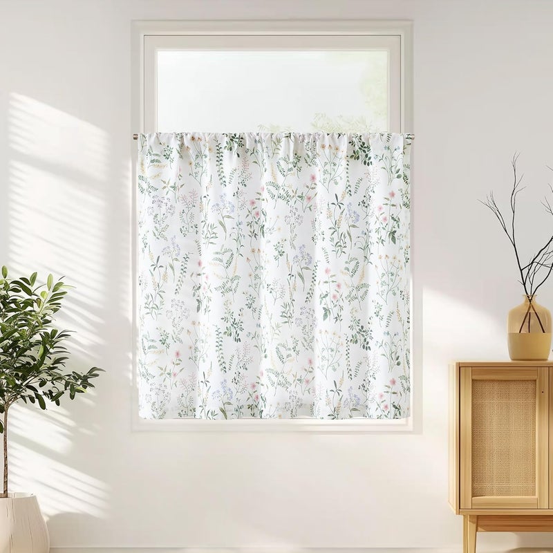 jinchan Spring Floral Kitchen Curtain Over Sink Farmhouse Linen Tier Curtain 36 Inch Length Cafe for Living Room Bathroom Botanical Small Drapes Rustic Light Filtering Rod Pocket 1 Panel Green - Image 2